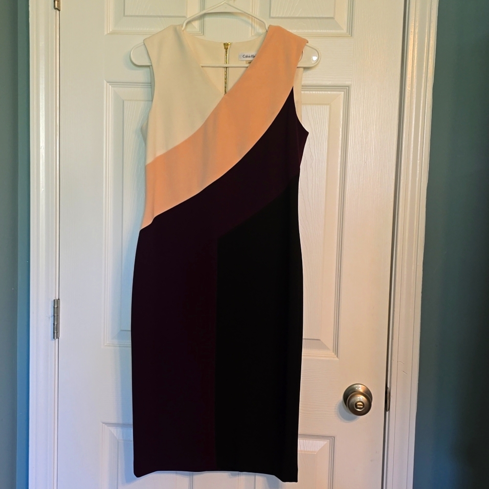 Calvin Klein Cream and Purple Asymmetrical Sheath Dress